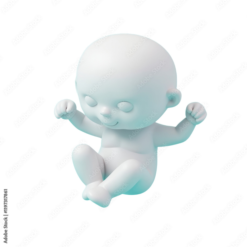 Poster three-dimensional rendering of a cheerful baby in a floating pose against a light teal background