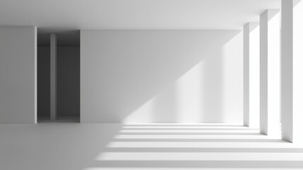Fototapeta premium A minimalist interior space with white walls and floor, featuring natural light casting shadows through tall columns.