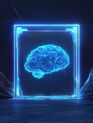 Digital tablet with creative glowing polygonal brain blackboard blue background. AI and future concept