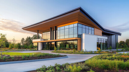 Fototapeta premium Modern eco friendly building with large glass windows and wooden accents, surrounded by landscaped gardens and pathways, showcasing sustainable architecture