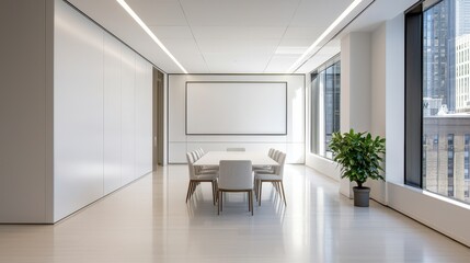 Fototapeta premium A modern, minimalist conference room featuring a large table, white walls, bright windows, and a green plant, creating a professional atmosphere.