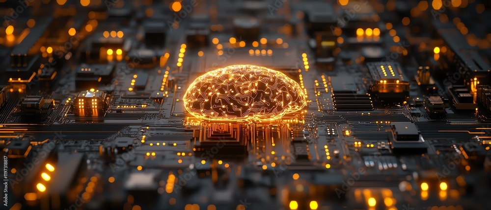 Poster artificial intelligence depicted by an illuminated brain on a circuit board, complex machine learnin