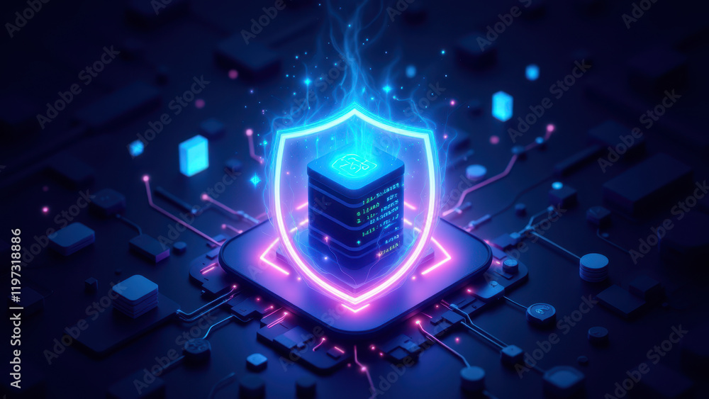 Poster internet security with a futuristic cybernetic shield.