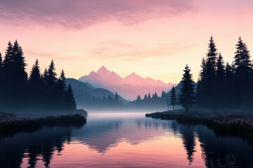 Serene Mountain Landscape at Dusk with Reflection in Calm Water