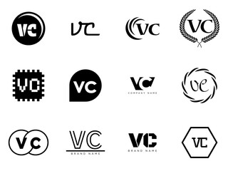 VC logo company template. Letter v and c logotype. Set different classic serif lettering and modern bold text with design elements. Initial font typography.