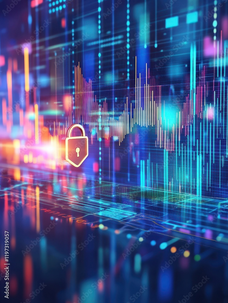 Poster abstract internet safety and security interface with padlock and business charts on blurry blue back