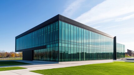 Fototapeta premium A modern glass building with a sleek design, surrounded by green grass and clear skies, showcasing contemporary architecture.