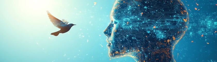 Obraz premium Digital silhouette of a human head with intricate circuit pattern, flying bird in a clear blue sky, futuristic design, soft lighting, ultrarealistic, 8K quality