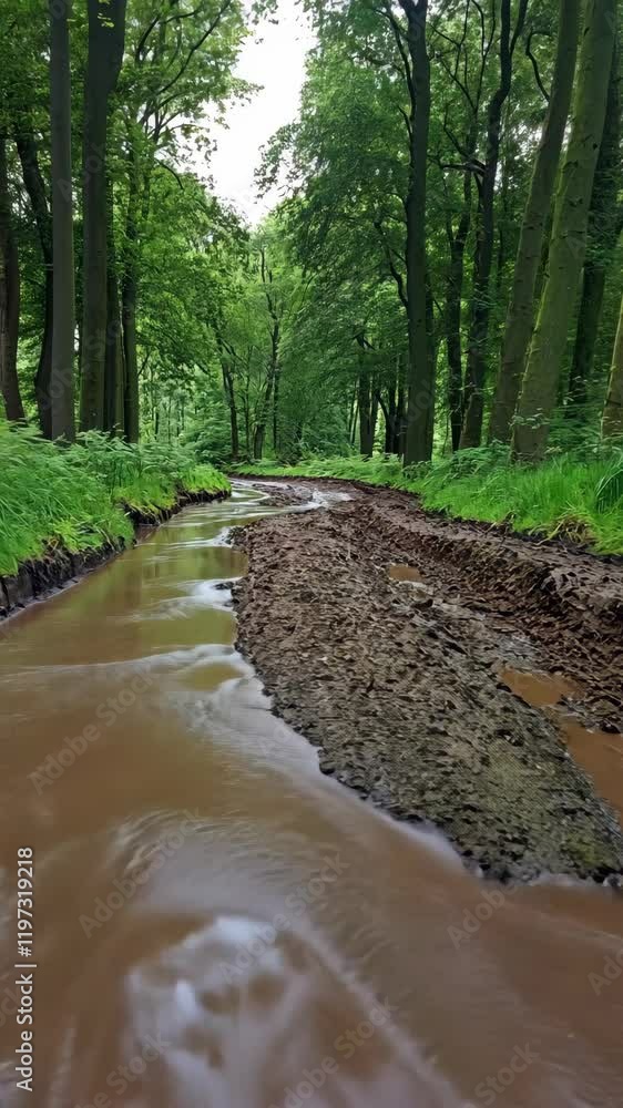 Poster rain-soaked forest path with muddy water creating ripples under lush greenery in a tranquil natural 