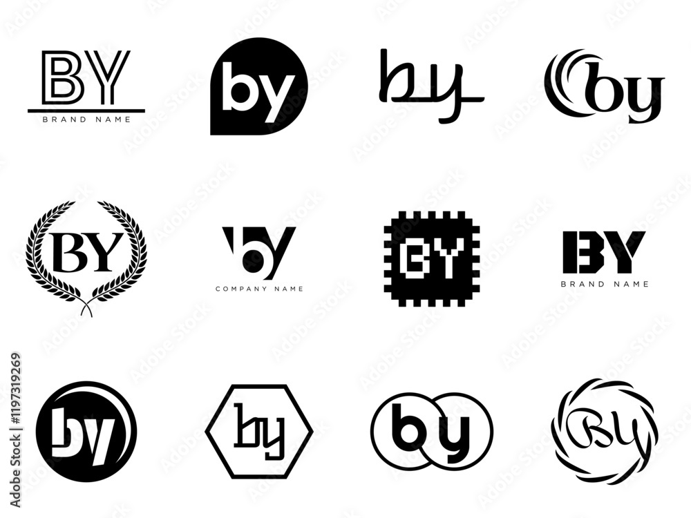 Fototapete by logo company template. letter b and y logotype. set different classic serif lettering and modern 