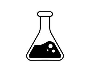 Bold black icon of an Erlenmeyer flask filled with liquid and bubbles against a white background.  Perfect for science, chemistry, or laboratoryrelated designs, websites, or presentations.