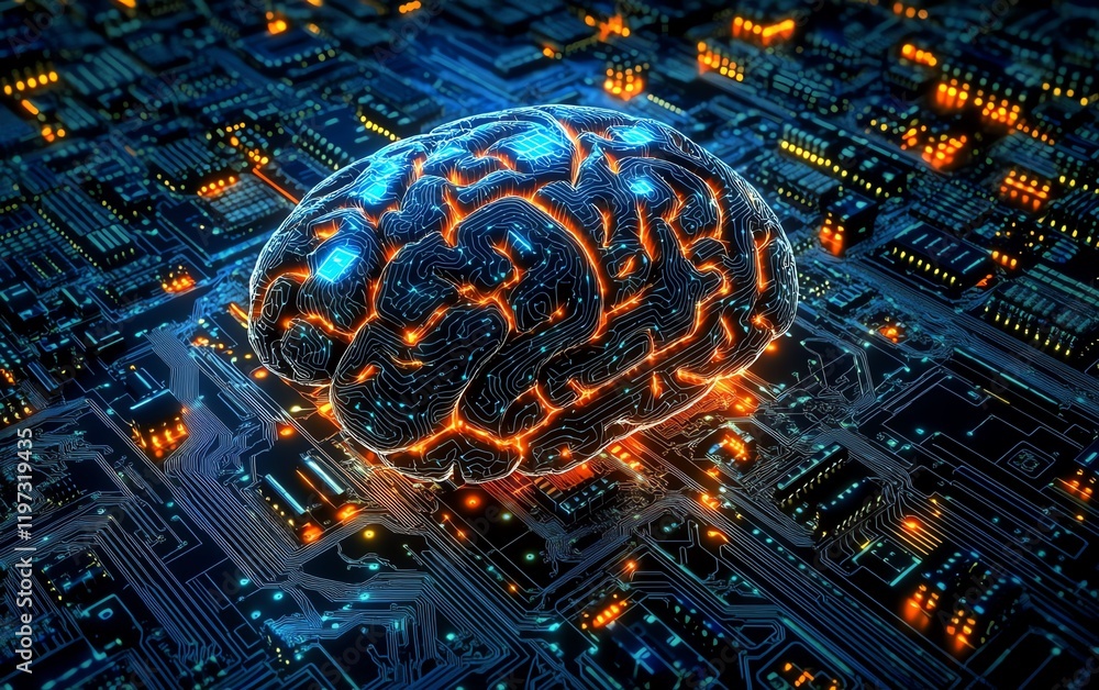 Aufkleber futuristic illuminated brain on a circuit board, intricate design representing ai, machine learning,