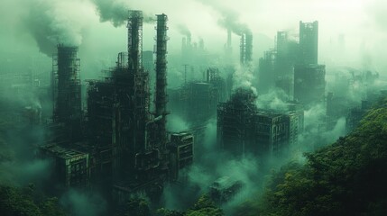 Obraz premium Apocalyptic industrial complex shrouded in smog and fog, overlooking lush green forest.