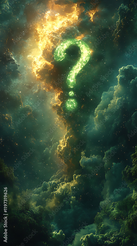 Poster mysterious cosmic question mark emerging from vibrant clouds in a surreal space environment