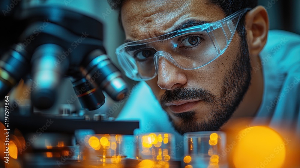 Poster focused scientist using a microscope in a laboratory