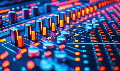 Obraz premium Illuminated audio mixer control panel with faders and knobs for music production