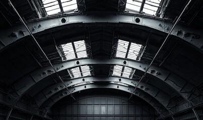 Fototapeta premium Industrial warehouse interior with arched ceiling, skylights, metal beams, dark and empty, suitable for backgrounds