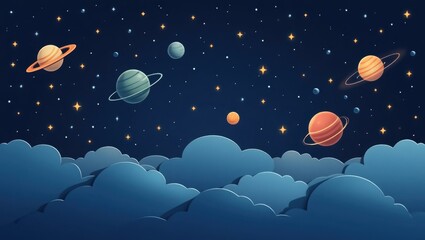 Colorful planets and stars floating above dark blue clouds, space exploration background perfect for astronomy, science presentations, kids' education, and cosmic-themed designs with night sky mood