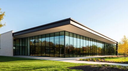 Obraz premium A modern architectural building featuring extensive glass facades, surrounded by greenery and bathed in natural sunlight.
