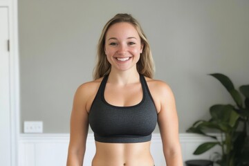 Smiling woman in fitness attire showcasing a healthy lifestyle at home during a workout session