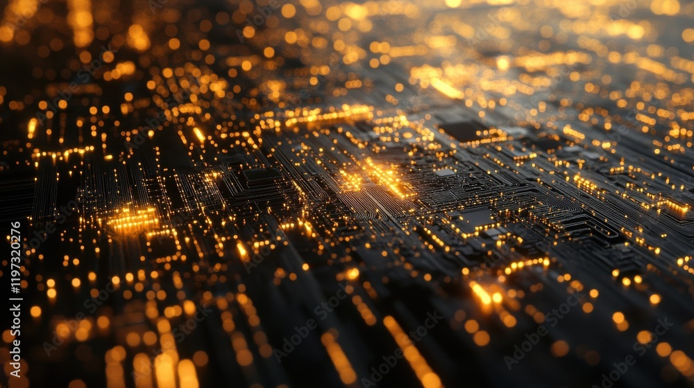 Poster digital circuit microchip on abstract background. computing and technology concept. 3d rendering