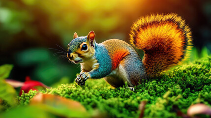 Fototapeta premium animal wildlife invasive species Concept Vibrant squirrel with colorful fur poses on moss in a lush forest setting, capturing a moment of nature’s beauty.