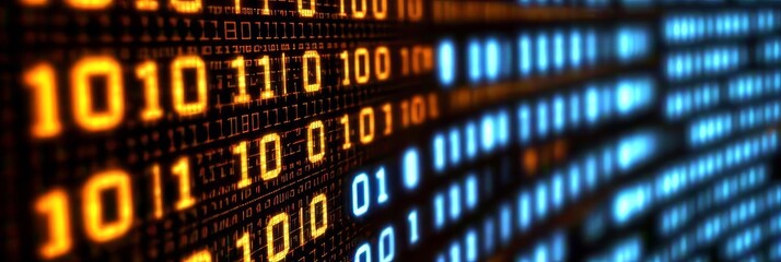 Obraz premium Glowing Binary Code Data Stream A Conceptual Depiction of Digital Technology and Cybersecurity