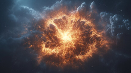 Cosmic Eruption: A fiery explosion erupts through a dense cloud of smoke and dust, radiating a bright orange glow against a backdrop of deep, cosmic blue. This dramatic imagery evokes power and chaos.