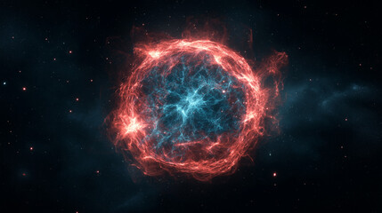 Cosmic Energy: A mesmerizing orb of swirling red and blue energy glows brightly against a deep space backdrop, radiating with cosmic power and ethereal beauty.