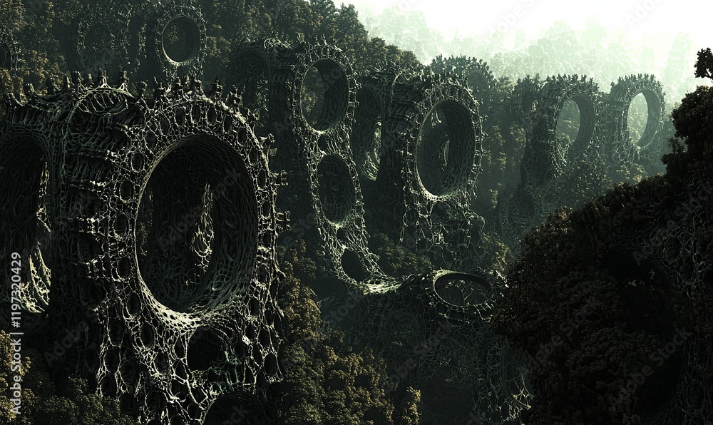 Poster intricate fractal landscape with circular structures, misty background. ideal for abstract or sci-fi