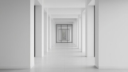 Fototapeta premium A minimalist corridor with white walls and columns creates a sense of depth and tranquility.