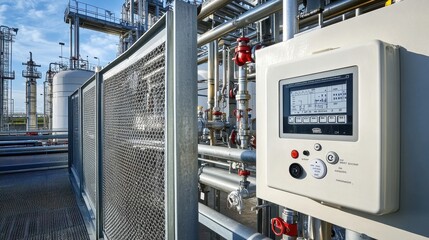 Obraz premium Fire alarm panel mounted near chemical storage tanks, with industrial piping and safety barriers surrounding.