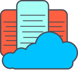 Cloud storage concept illustration with blue cloud files and icons, ideal for technology, digital storage and online backup themes.
