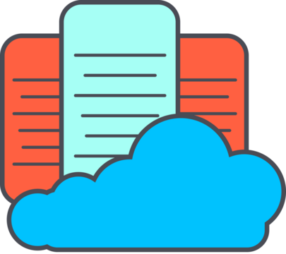 Cloud storage concept illustration with blue cloud files and icons, ideal for technology, digital storage and online backup themes.