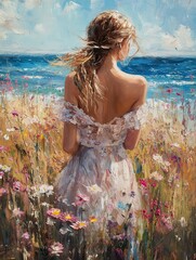 romantic woman on wild beach ,sea water on horizon, wild flowers on field ,impressionist. style art paint