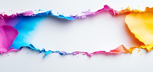 Obraz premium Colorful torn paper edges revealing white background, ideal for creative designs, presentations, and artistic projects.