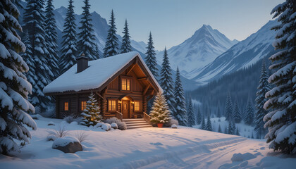 Naklejka premium Snow-covered cabin in mountain valley