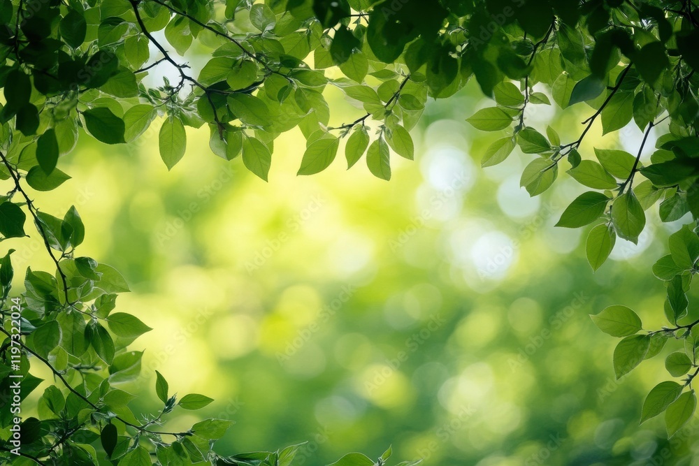 Poster Green foliage creating a natural frame with ample copy space for text at bright daylight setting. Generative AI