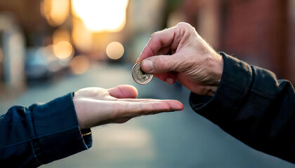 Close-up shot of an older person's hand gently giving a coin to a younger person's outstretched palm.