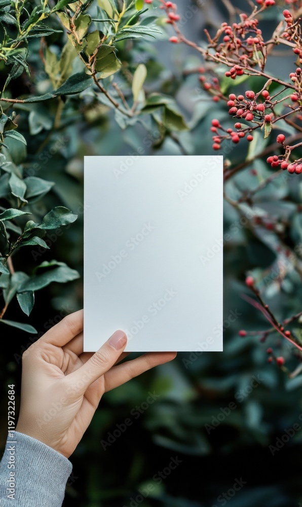 Leinwandbilder Hand holding empty paper against lush green foliage and red berries, ideal for text placement and design mock up. Generative AI