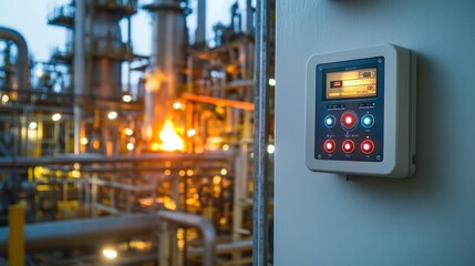 Close-up view of fire alarm panel mounted on a wall, illuminated indicators visible against refinery machinery.