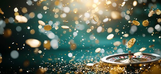 A close-up of a roulette wheel surrounded by falling gold coins, depicting the thrill of gambling and chance in a vibrant, illuminated setting.