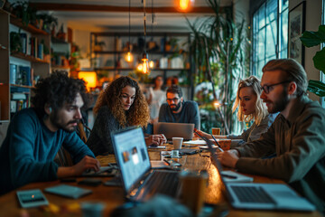 A group of people are sitting around a table with laptops and cell phones