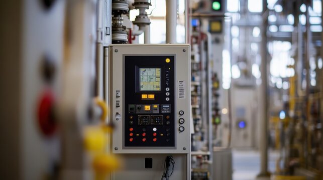 Tightly framed shot of a fire alarm panel in focus, surrounded by refinery control systems and safety devices.