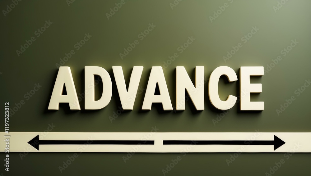 Poster advance text title in center and arrows progress move forward proceed push approach in olive ivory b