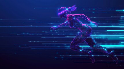 Fototapeta premium Futuristic Woman in Virtual Reality Running Through Digital Space