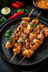 Fototapeta premium A delicious and healthy appetizer consisting of grilled chicken skewers, garnished and ready to be enjoyed. Perfect for outdoor barbecues or a quick snack in between meals.