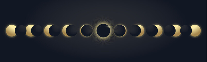 Solar eclipse phases banner, minimalistic style