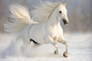 A white horse galloping through a snow-covered field, with its mane flowing in the wind