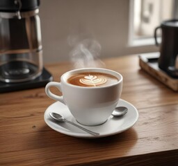 Fototapeta premium A steaming cup of coffee on a wooden countertop with a small saucer, wood, warm, coffee